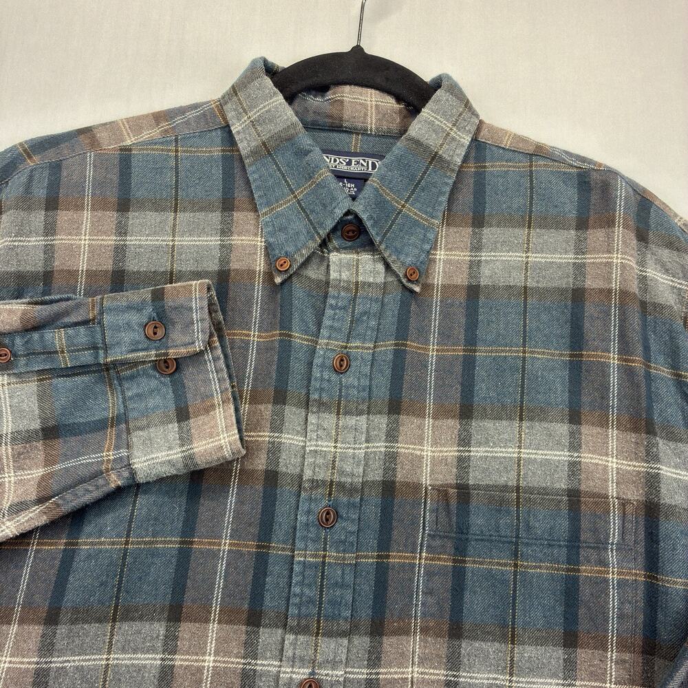 Vintage Lands’ End Men’s Flannel Shirt Large Blue Plaid Button Down Cotton